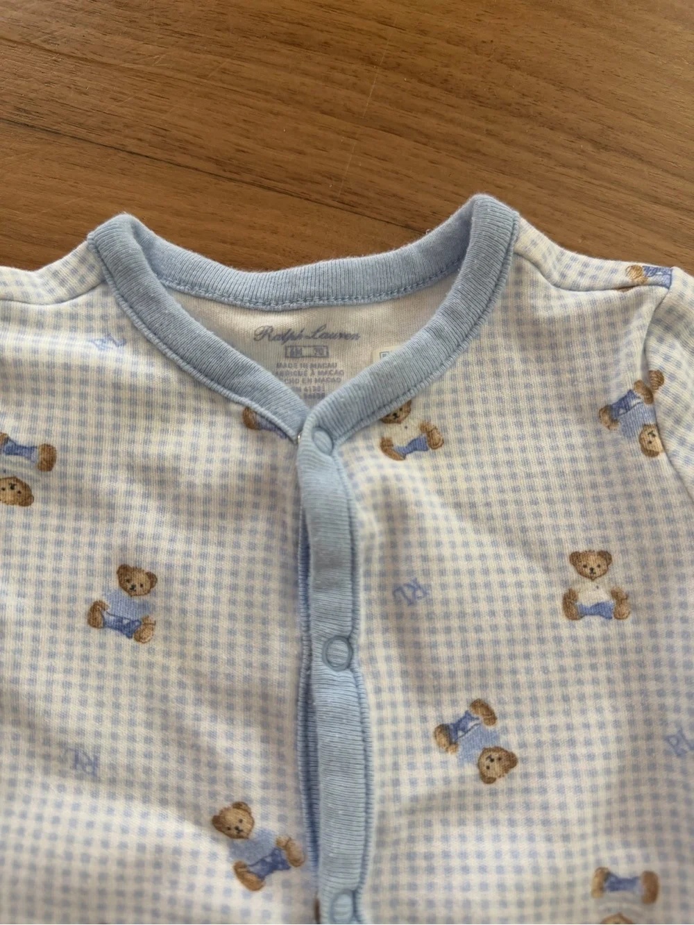 Ralph Lauren Light Blue Gingham Baby Romper with Bear Print